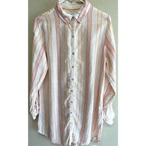 Antibes Blanc Linen Long Button-Down Shirt Striped Pastels Women Size M Roll Tab